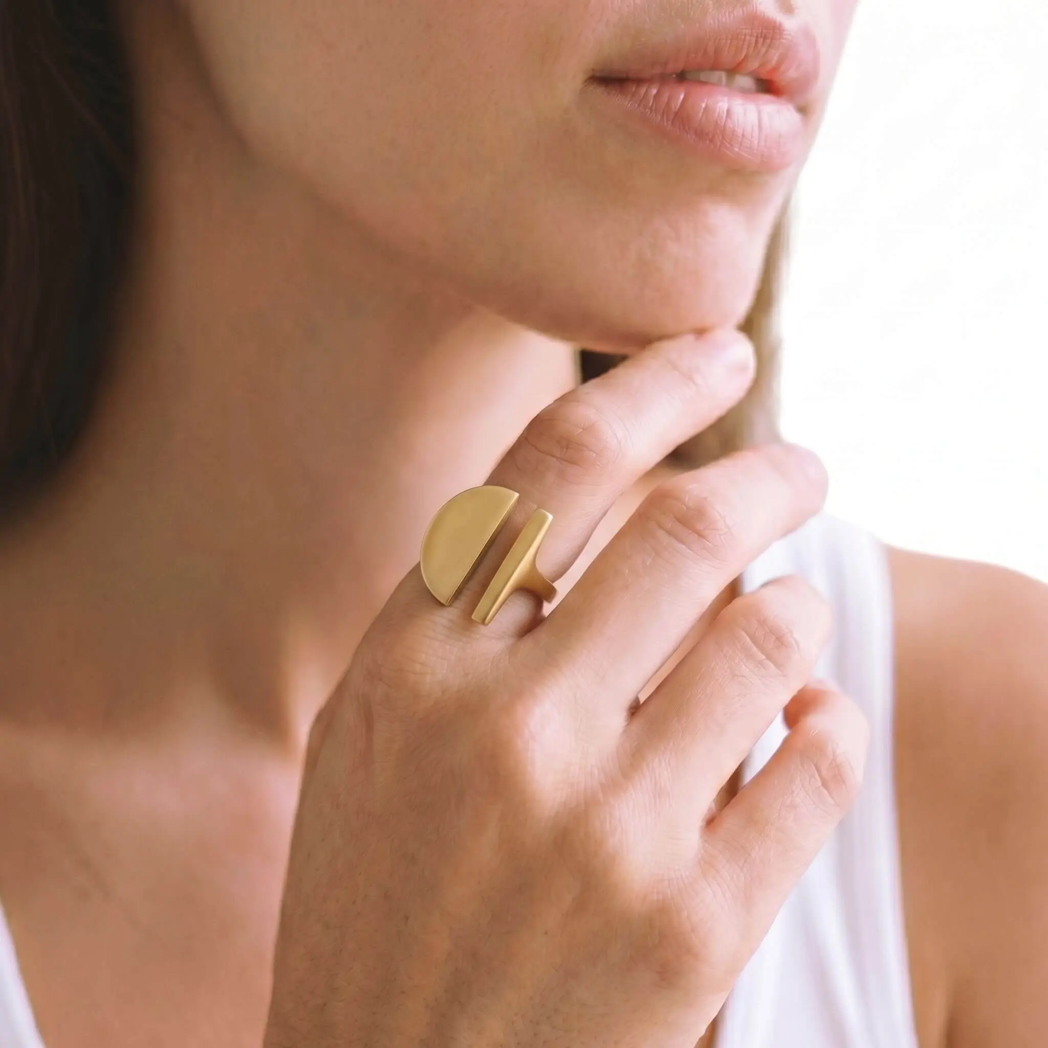 Minimalist Open Half-Circle Geometric Design Ring, Handmade Wingu Costume Fashion Jewelry Accessory, Handmade Jewelry Statement Ring Two Tone Ring