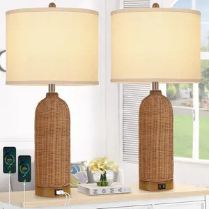 MATULSA 2 Packs Set Rattan Table Lamps with 2 USB Ports, 29'' Tall Farmhouse Lamp for Living Room, Bedroom, Office, Vintage Nightstand Lamps, Modern Home Decor Lighting Mother's Day Gift