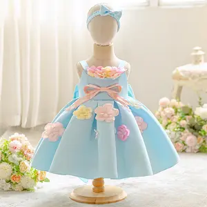 Sky Blue Kids Clothes Big Bow 3D Flower Girls Frock 3058 Ball Gown Pageant Children Elegant Princess Prom Host Formal Evening Party Cocktail Dress 6M-3Y
