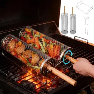 2PCS Rolling Grill Basket Grilling Accessories - Removable Wooden Handle, 304 Stainless Steel,Nesting Barbecue Tools,Smoker BBQ Accessories for Vagetable,Outdoor Cooking Camping,Picnic,Dinner Party,Gifts for Men Dad and Husband