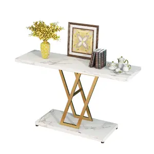 42 inch Modern Console Table Narrow Entryway Sofa Table with Gold Metal Frame Faux Marble Top Industrial Hallway Accent Table for Living Room Apartment Entryway and Home Decor