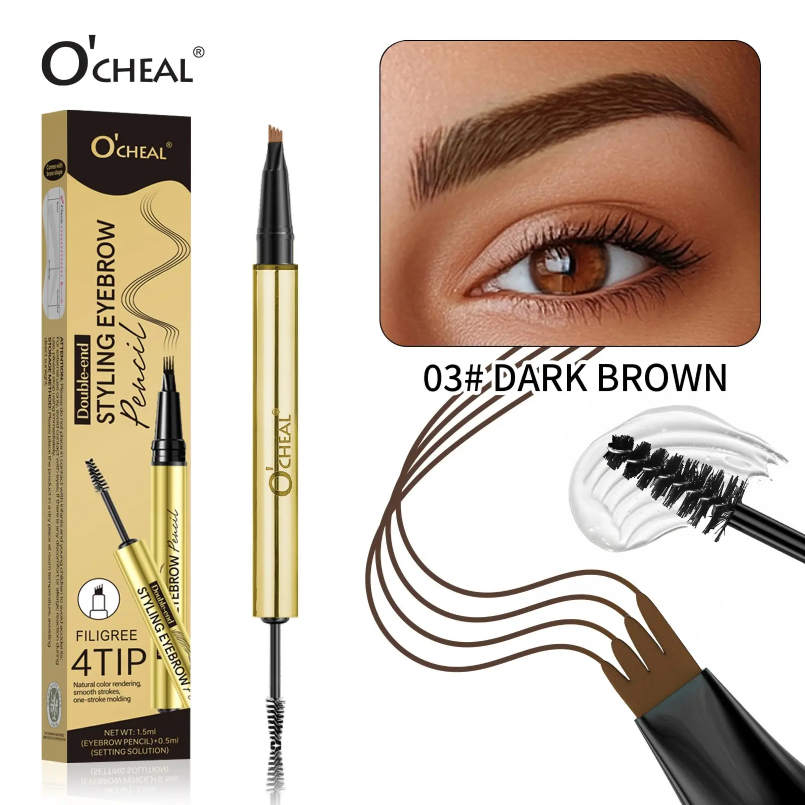 O'CHEAL Eyebrow Flick Styling Pencil Long-lasting Eyebrow Pen with Eyebrow Powder & Brush, Waterproof Eyebrow Pencil, EyeBrow Makeup Tool for Women, Makeup Products, Eyebrow Liner, Precisely Sculpted Brows, Cosmetic shade