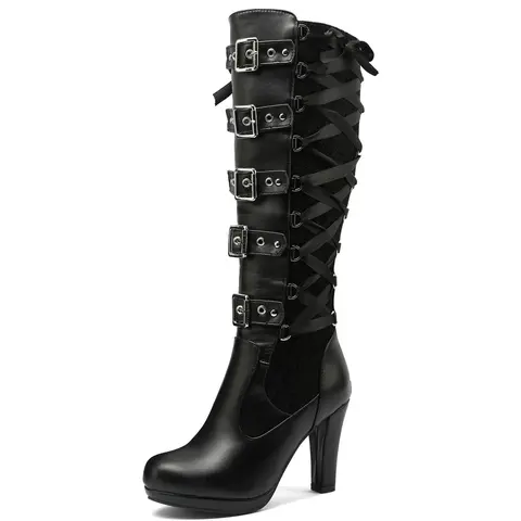 Women's Punk Chic Closed-Toe Zip-Lace-Strap Gothic Knee-High Heel Boots - Buckle Block Heel Platform Shoes with Rubber Sole, Business & Party Footwear, Shoes for Women