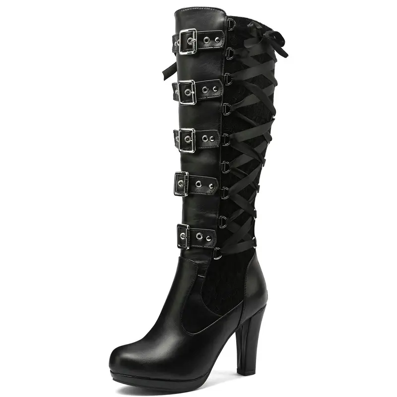 Women's Punk Chic Closed-Toe Zip-Lace-Strap Gothic Knee-High Heel Boots - Buckle Block Heel Platform Shoes with Rubber Sole, Business & Party Footwear, Shoes for Women