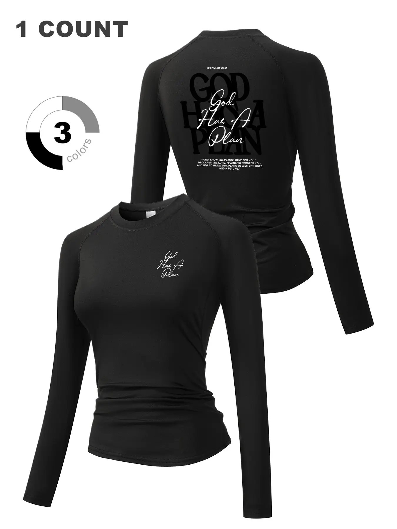 'god Has a Plan' Graphic Print Women's Tight Long Sleeve Sporty Top, Round Neck Quick-Dry Breathable Stretch Yoga Running Fitness Training Shirt, Dry Fit Activewear