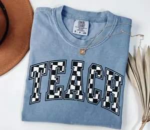 Comfort Colors Checkered Teacher Shirt Gift for Teacher, Retro Teach tshirt, Teacher Appreciation, Teacher Graduation tee , Student Teacher Gift Cotton Fabric Top Womenswear Medium Oversize