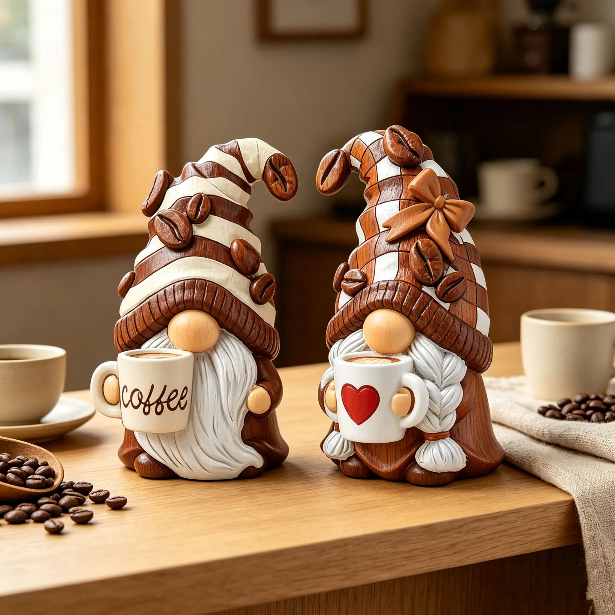 Sangeren 2Pcs Whimsical Striped Hat Design Rustic Resin Figurine Set - Hand-Painted Coffee Bean Print Gnome Cartoon Decor, Figurines & Miniatures for Coffee And Gnome Lovers, Farmhouse Tiered Tray Ornament, Housewarming Gift