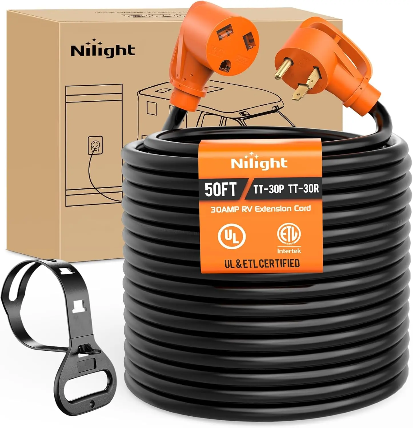Nilight 30A RV 50FT Extension Cord - 10 Gauge Pure Copper STW Wire, UL ETL Listed 3-Prong TT-30P TT-30R, Weatherproof Water Resistant Outdoor Safe Plug with Convenient Handle Design, 125V Camper RV Accessories with Cable Organizer