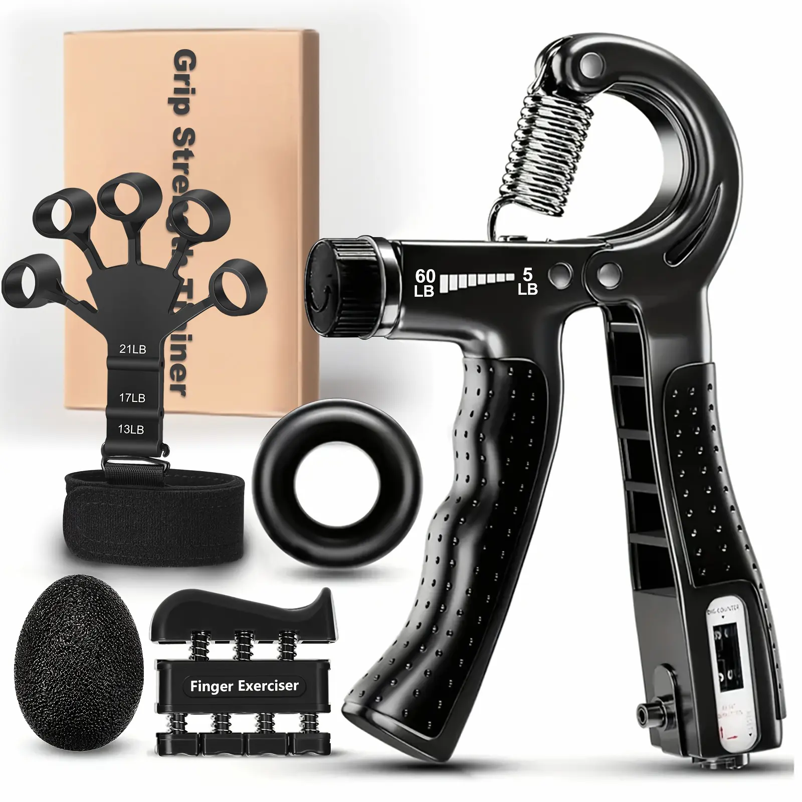 Grip Strength Trainer(5pcs) - Adjustable Forearm Strengthener, Finger Exerciser, Finger Stretcher, Forearm Workout Ring And Hand Exercise Ball - Grip Strengthener And Extensor Trainer for Any Sizes Hand & Finger