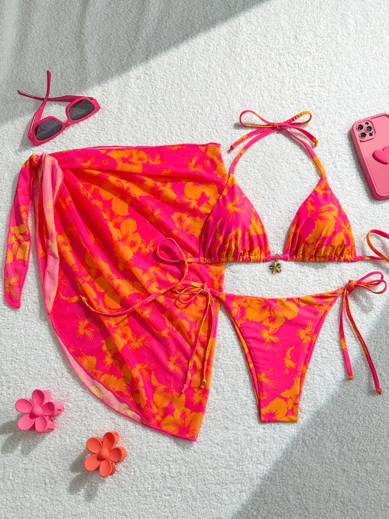 Women's New Full-Print Sexy Summer Printed Bikini Beach Casual Vacation Fashion Beachwear Swimwear Three-Piece Flower Print Bikini Floral Swimsuit Set, Fitted All over Print, All Seasons, Beach Swimwear Clothes