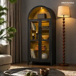 Modern Retro High-Arched Black MDF Wood Storage Cabinet with Lamp, Adjustable Glass Panels & Shelves, Raised ft, Multi-Functional Indoor Cupboard, Apartment Furniture
