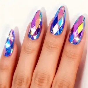 Blue-Purple Electroplated Press on Nails Almond Fake Nails Relief Geometric Metallic False Nail Design Blue-Purple Rhombus Glossy Acrylic Nails for Women Girl DIY Manicure Decoration 24Pcs