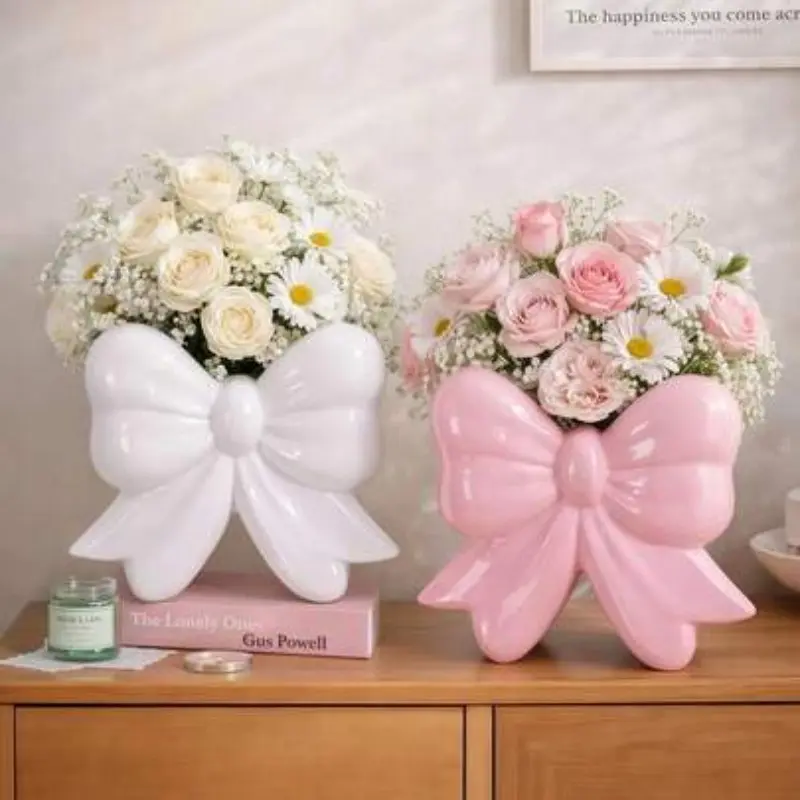 Ceramic Bowknot Vase, Decorative Flower Vase, Table Centerpiece, Dining Table Centerpiece, Home/living Room Decoration, Mother's Day Gift for Mom, Women Friends, Ceramic Bouquet Vase, Bowknot Design Vase, Centerpieces Vases