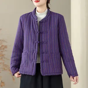 Women's Casual Striped Vintage Fabric Zen-Style Thickened Flannel Coat, Womenswear Outerwear