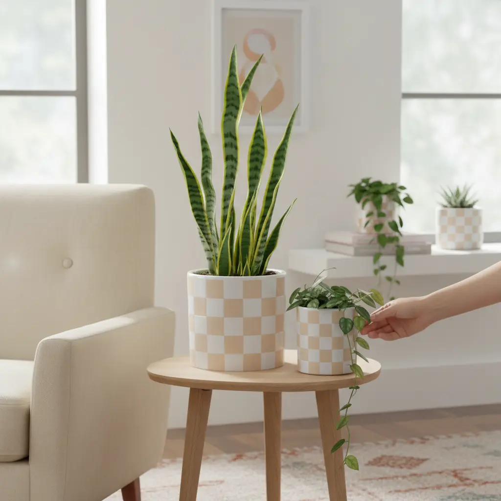 Set of 2 Beige Checker Planter 8.25" & 6.25" Ceramic Planters with Stylish Checker Pattern for Indoor Decor