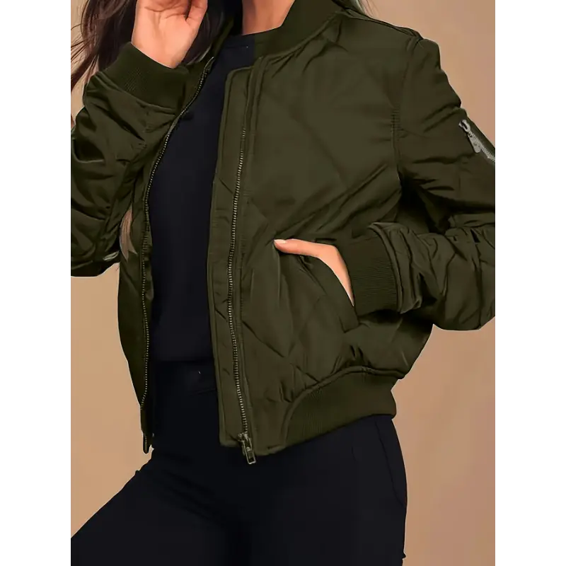 Zip-up Quilted Puffy Coat, Casual Thermal Long Sleeve Pockets Coat For Fall & Winter, Women's Clothing