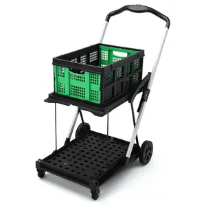 [FLASH SALE] Garvee Foldable 2-Tier Shopping Cart with Wheels - Aluminum Frame Utility Cart w/Removable Crate for Groceries and Outdoor Activities
