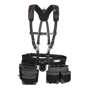 Trutuch Black Leather Tool Belt with Pocket Suspender & Tool Pouch Bag - 100% Genuine Grain Leather, 18 Pockets, Comfortable Adjustable Suspenders