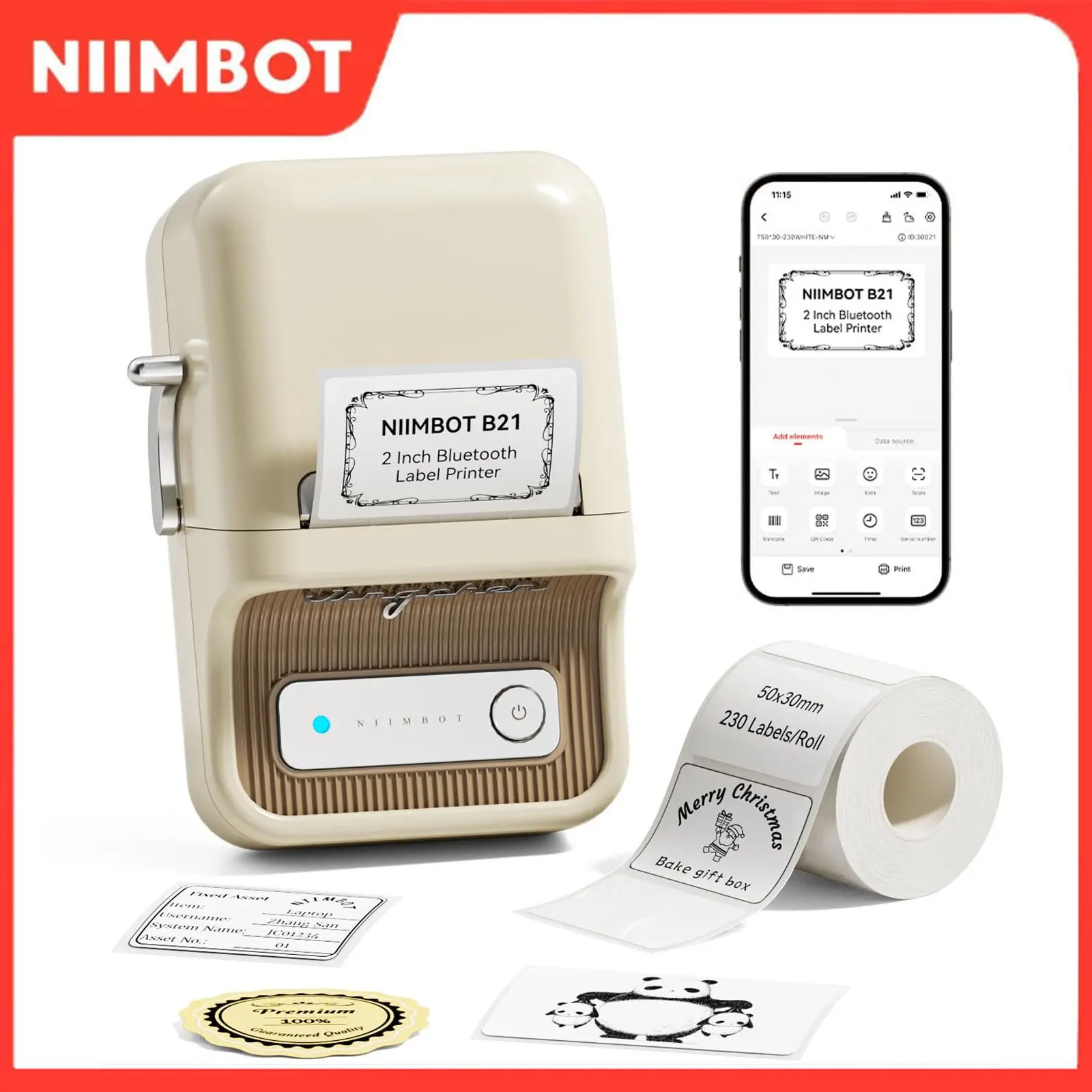 Niimbot B21 Wireless Bluetooth-compatible Label Printer, 20-50mm Print Width, Label Printing, Thermal Label Maker for Small Businesses, Address, Logo, Clothing, Mail, Candle, Jewelry, Inkless Label Printer