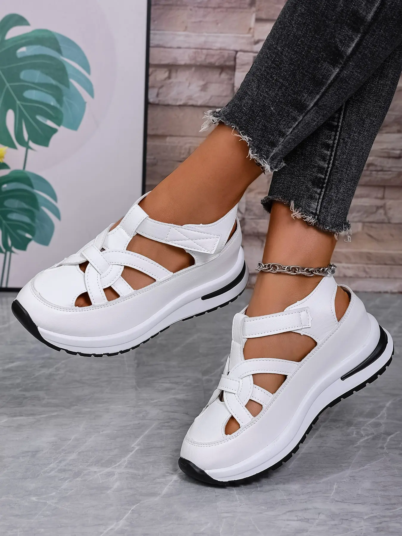 Women's Fashionable Velcro Fastening Elevated Wedge Heel Sneakers, Casual Comfortable Soft Sole Rubber Adjustable Sandals for Summer, Lightweight Breathable Shoes for Daily Wear, Heeled Wedge Shoes, All Match Sandals, Casual Summer Footwear