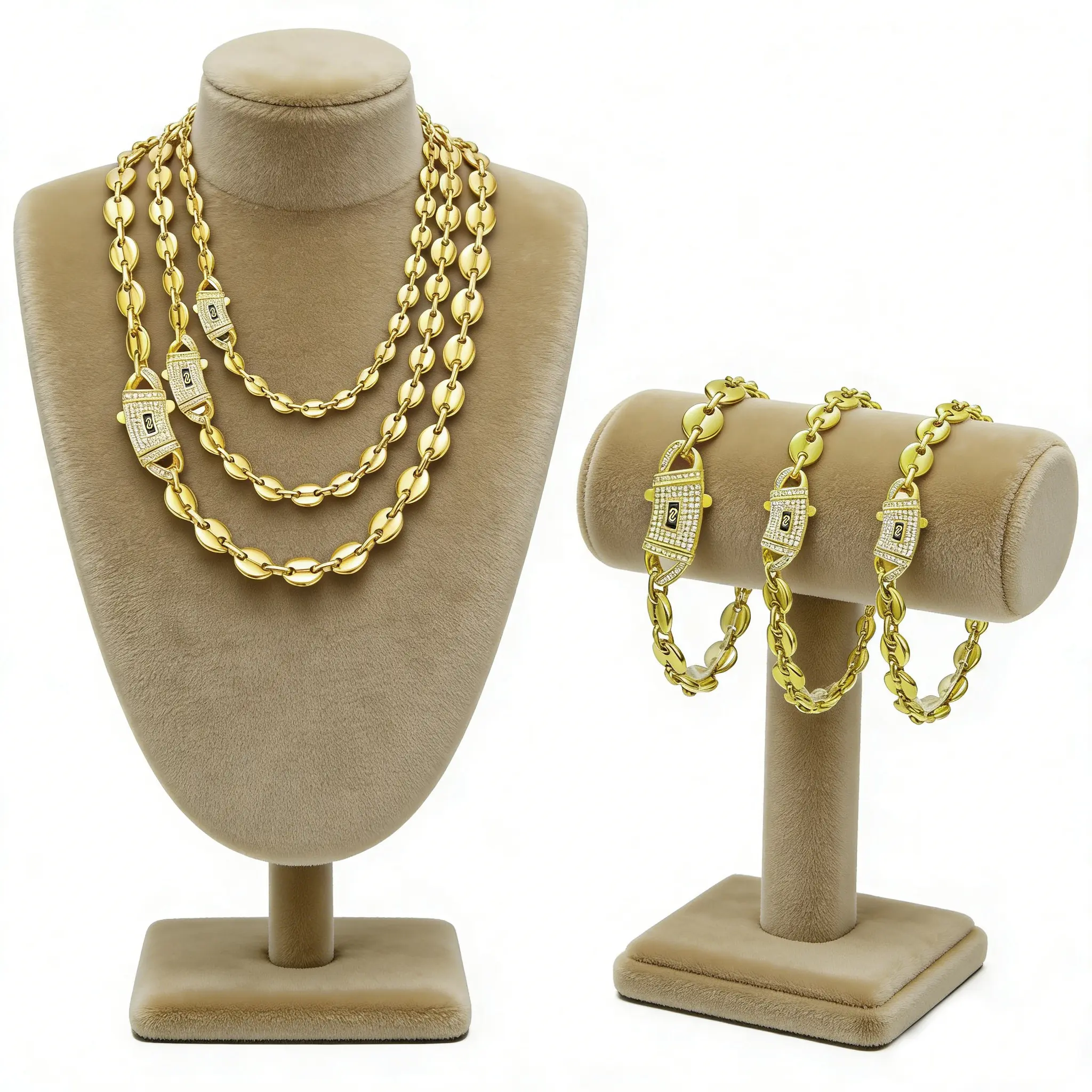 6-10mm Delicate 14k Gold Plated Coffee Bean Chain Jewelry Set，Fashion monaco Link Chain in Stainless Steel – Waterproof, Colorfast & Hypoallergenic Miami Cuban Link Chain For Men Women