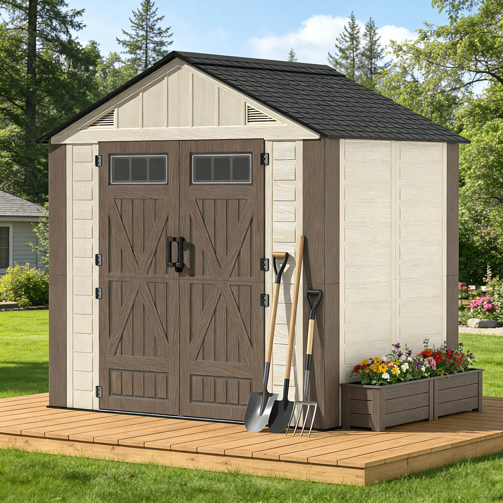 IWDOO 6x8 ft HDPE Plastic Outdoor Storage Shed with Built-in Floor, Lockable Door, Ventilation, Stain-Resistant, Waterproof for Patio, Backyard Heavy-Duty Utility & Easy Daily Maintenance