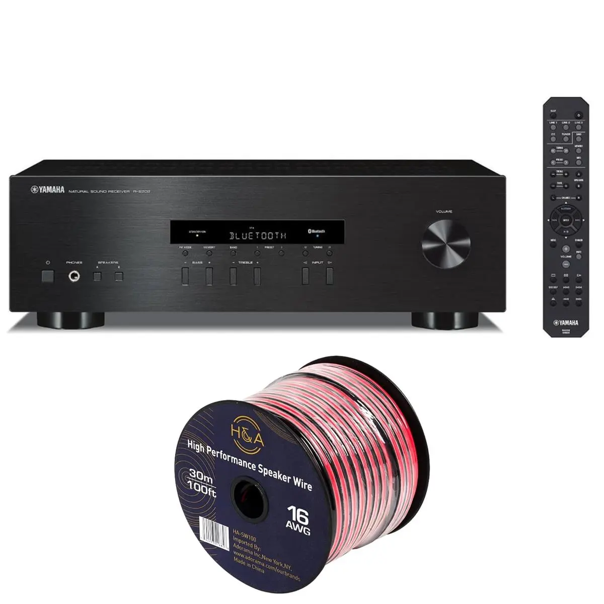 Yamaha YAMAHA R-S202BL Stereo Receiver with Bluetooth + H&A 16 AWG Speaker Wire Cable (100' Spool)