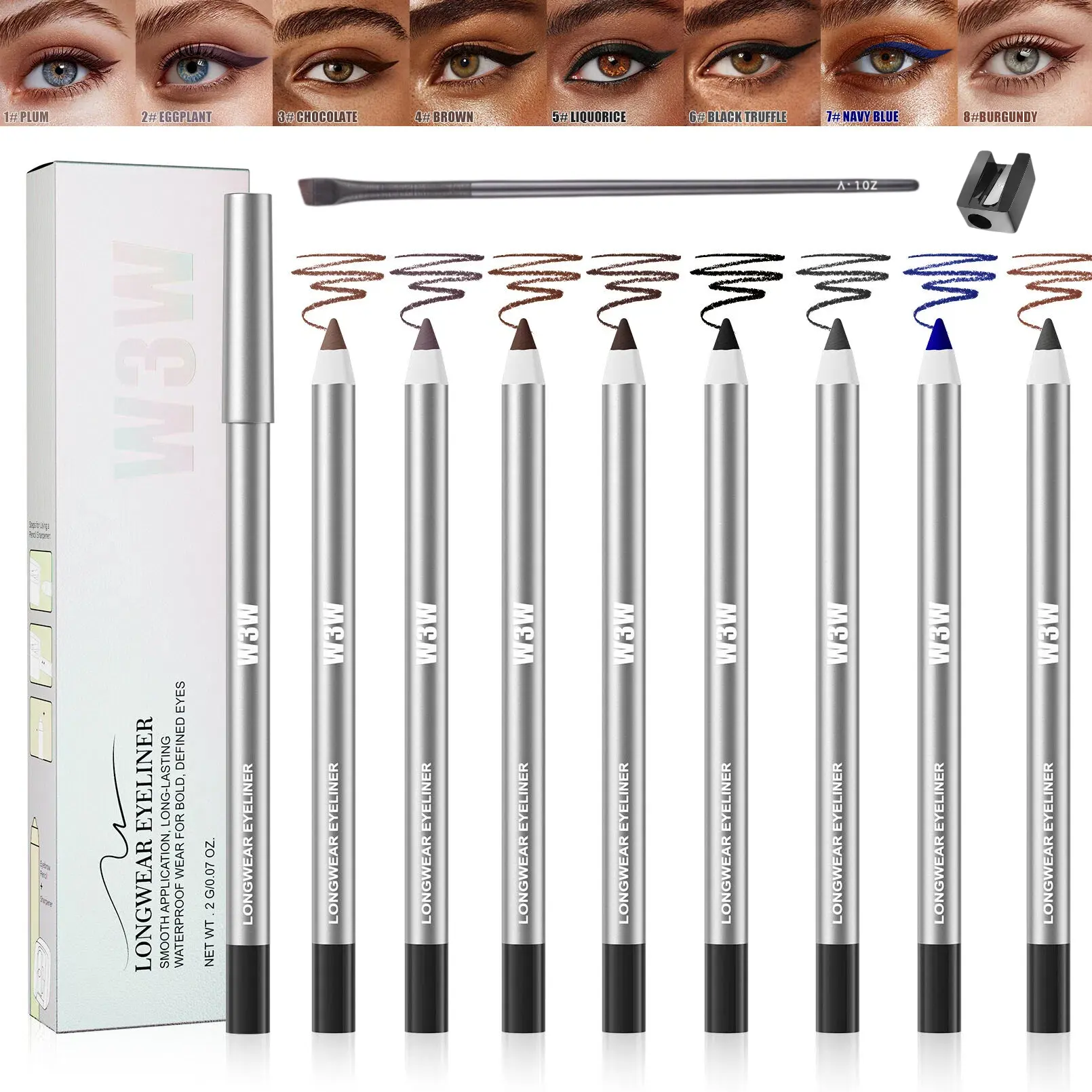 W3W 1#Plum Solid Gel Eyeliner Pencil, Creamy Smooth Waterproof Smudge-Proof Transfer-Resistant Liner for Winged & Daily Eye Makeup, Bonus Angled Brush & Lipliner