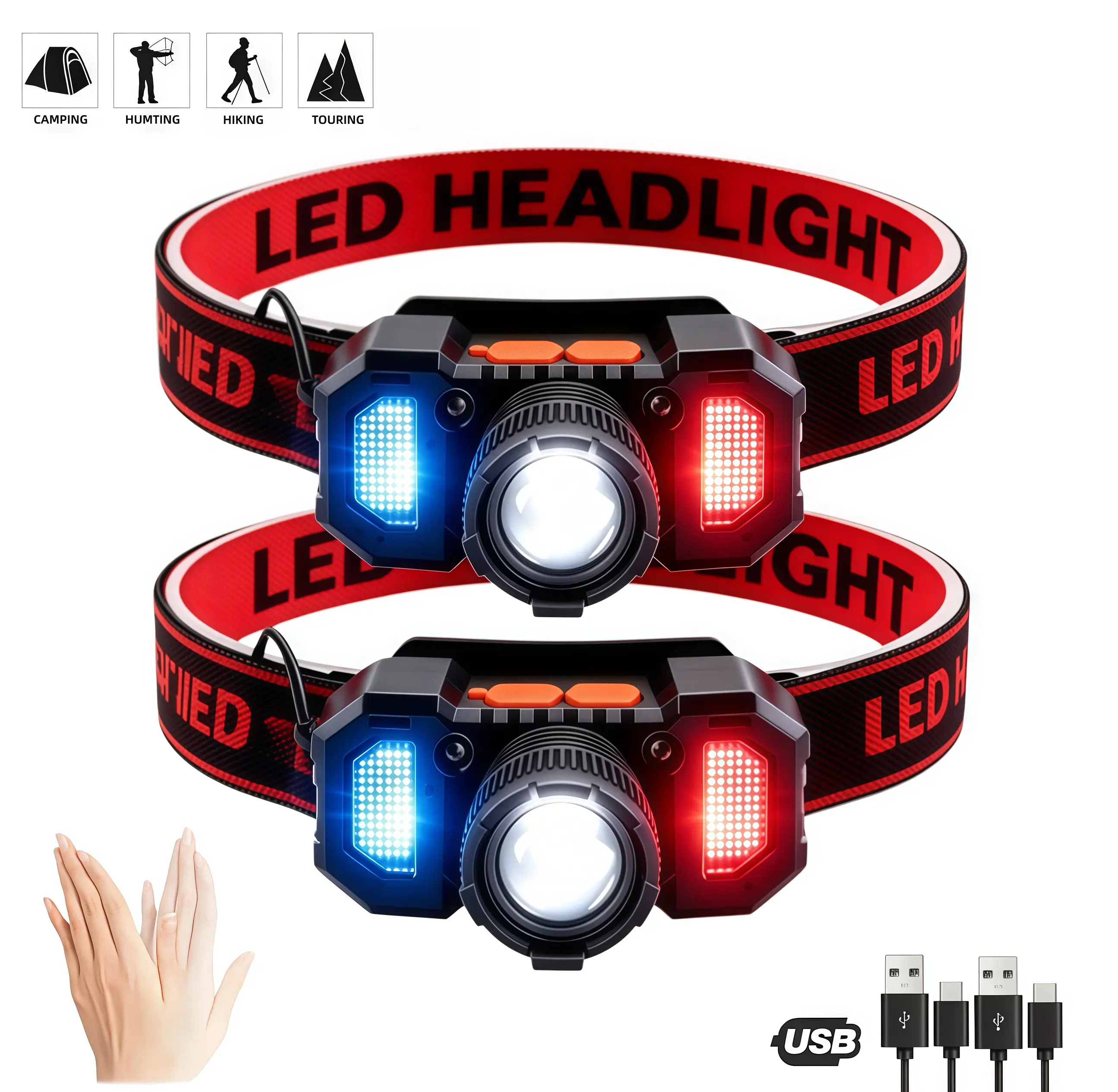 Buy 1 Get 1 Free Sensor Headlamp 2-Pack, Type-C Fast Charging, Wave Sensing Control, Zoomable 6 Lighting Modes, COB Side Light, Ultra Bright for Night Fishing Hiking Camping Outdoor