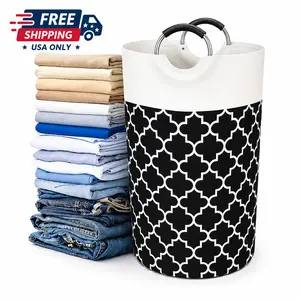 Large Laundry Hamper Basket Foldable, Waterproof Clothes Storage Bag with Aluminum Ring Handles, Collapsible Cotton Linen Laundry Bin for Bedroom, Bathroom, Closet & College Dorm