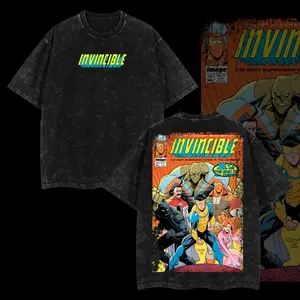 Superstyle Invincible #133B Ottley Image Youngblood Invincible War Comic Double Printed Oversize Lightweight Acid Washed Tee TV Series Graphic T-Shirt