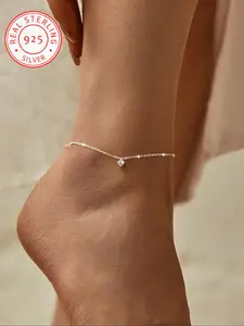 925 Silver Anklet with Cute Heart-shaped Cubic Zirconia Pendant, Ankle Bracelet, Elegant Summer Accessory for Holidays and Daily Wear, Pretty Bracelet, Heart Charm Bracelet, Solstice Anklet, Anklet Jewelry