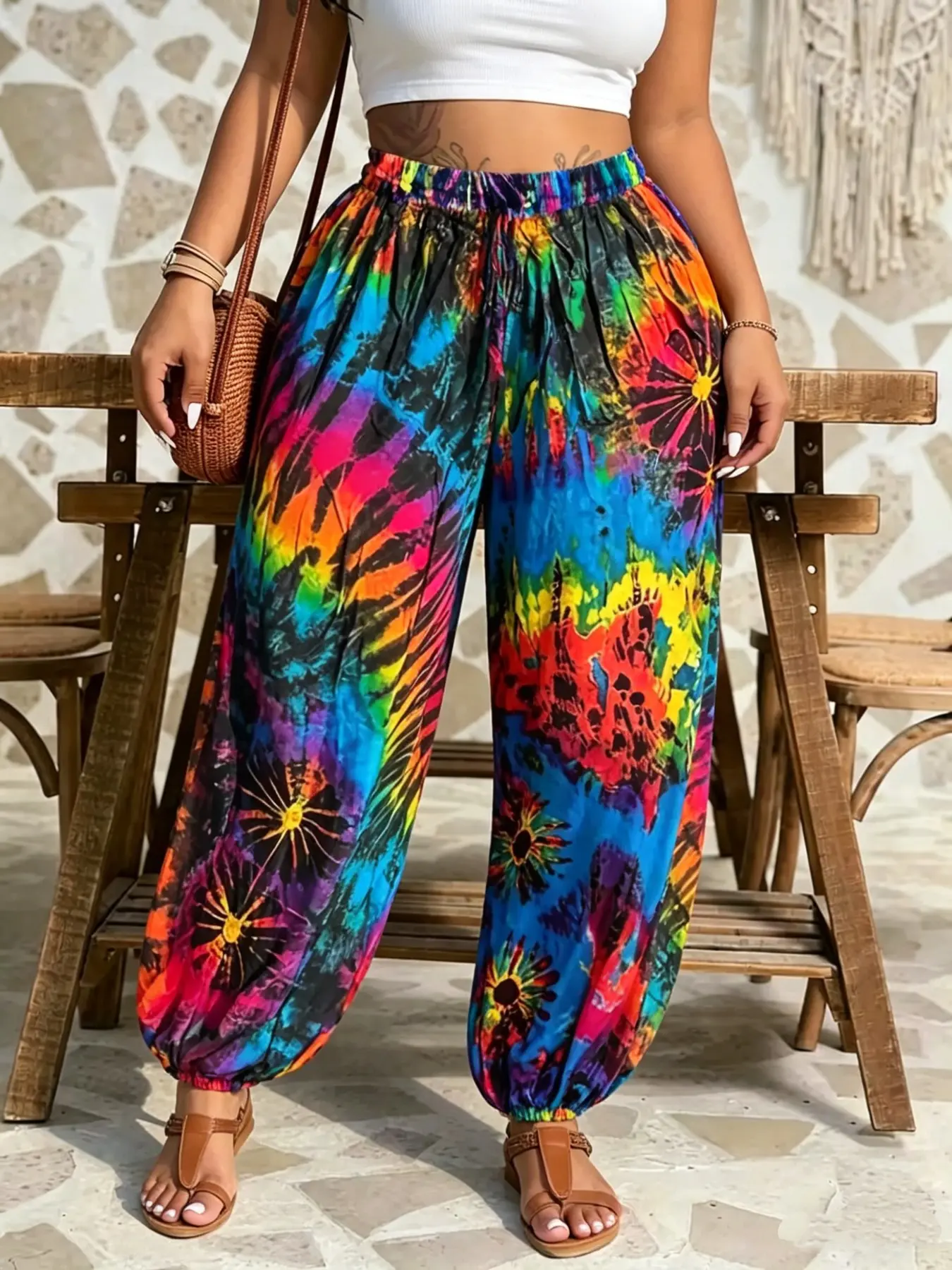 Plus Size Tie-Dye Adjustable Drawstring Elastic Harem Pants with Pockets, Casual Long Pants, Casual Loose Fit Baggy Trousers, Y2K Summer Daily Wear, Trendy Boho Bohemian Bottoms, Comfortable Relaxed Fit, Stylish Vibrant Pattern Party Casual Wear