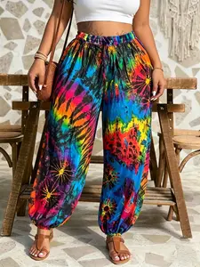 Plus Size Tie-Dye Harem Pants Drawstring Elastic Pockets Casual Loose Fit Baggy Trousers, Y2K Clothes Summer Daily Wear, Trendy Bohemian Bottoms, Comfortable Relaxed Fit Casual Ensembles, Stylish Vibrant Pattern Detail Party Casual Wear