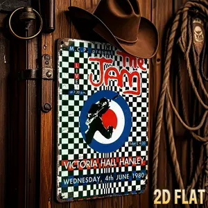 2D Flat - 1pc Vintage 'The Jam' Concert Poster Metal Sign - 20.32x30.48 cm Wall Decor, Artistic, Black & White Checkered Background with Red Circle & Blue Border, Perfect for Home, Bar, Garage - Gift Idea for Music Fans, Music Room Decor | Retro Ae