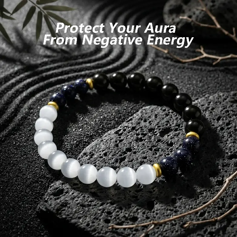 [Free 14K Gold Pendant for First 10]Cat's Eye Selenite Obsidian Blue Sandstone Bracelet, Unisex Natural Crystal Stretch Bracelet with 18K Gold Spacers, Protection & Calming Energy Jewelry for Men Women