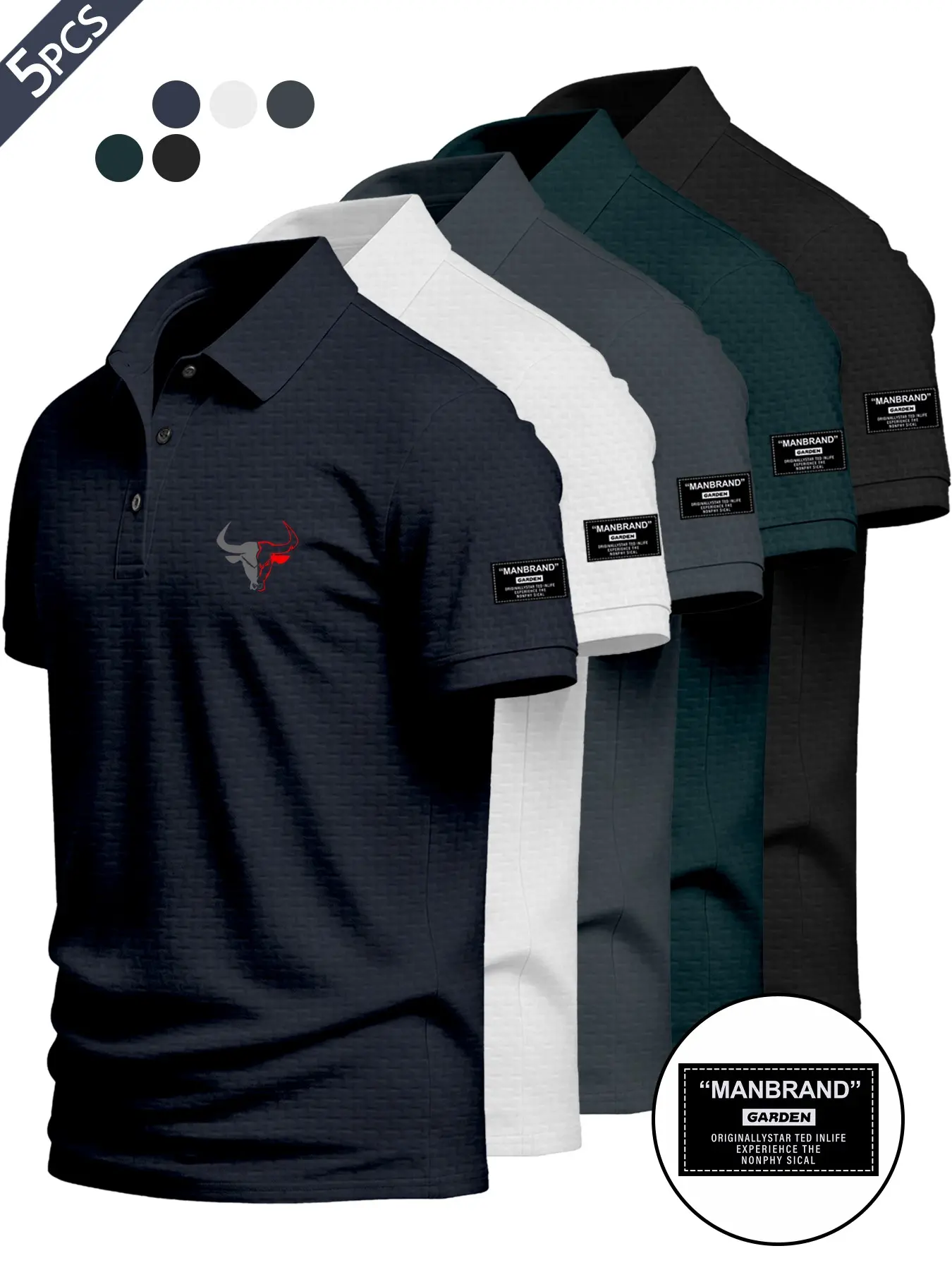 Men's 5-Pack Waffle-Knit Short-Sleeve Bull-Print Polo Shirts with Manbrand Logo, Breathable Business Casual Shirts, All-Season Versatile Style