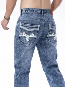 Men's Regular Fit Embroidered Pocket Straight Leg Jeans, Casual Comfy Denim Jeans for Daily Wear, Fashion Men's Bottoms for All Seasons, Denim Streetwear