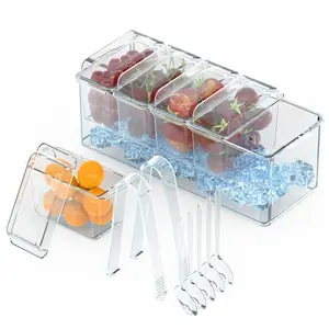 1Set Ice Chilled Condiment Caddy Serving Tray Container Bar Garnish Holder Salad Platter Server Food Storage With 5 Removable Containers 5 Lids 2 Tongs 5 Sporks, Cover, Kitchen