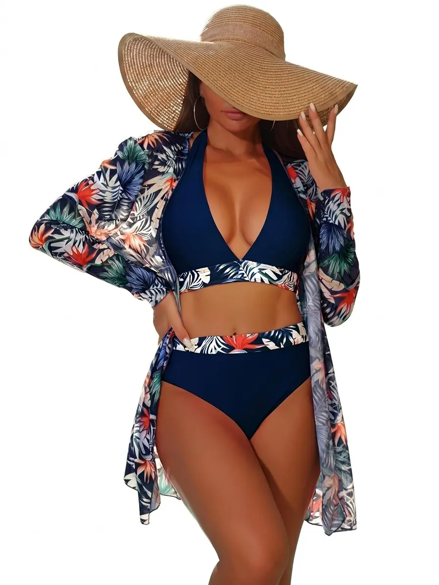 Women 3 Piece Tropical Leaf Bathing Suit Set, Halter Deep V Neck Bikini Crop Top, High Waisted Bikini Bottoms, Long Sleeve Open Front Beach Kimono Cover Up, Summer Pool Cruise Matching Swim Outfit holiday party date