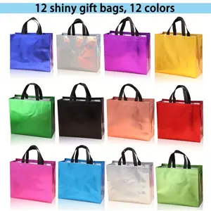 12pcs Large Reusable Gift Bags - 12 Vivid Colors Glossy Waterproof Non-Woven Fabric Foldable Space-Saving Design for Birthdays Christmas Easter Party Gifts &  with heavy-duty storage tote teacher present shopping tote Water-Resistant