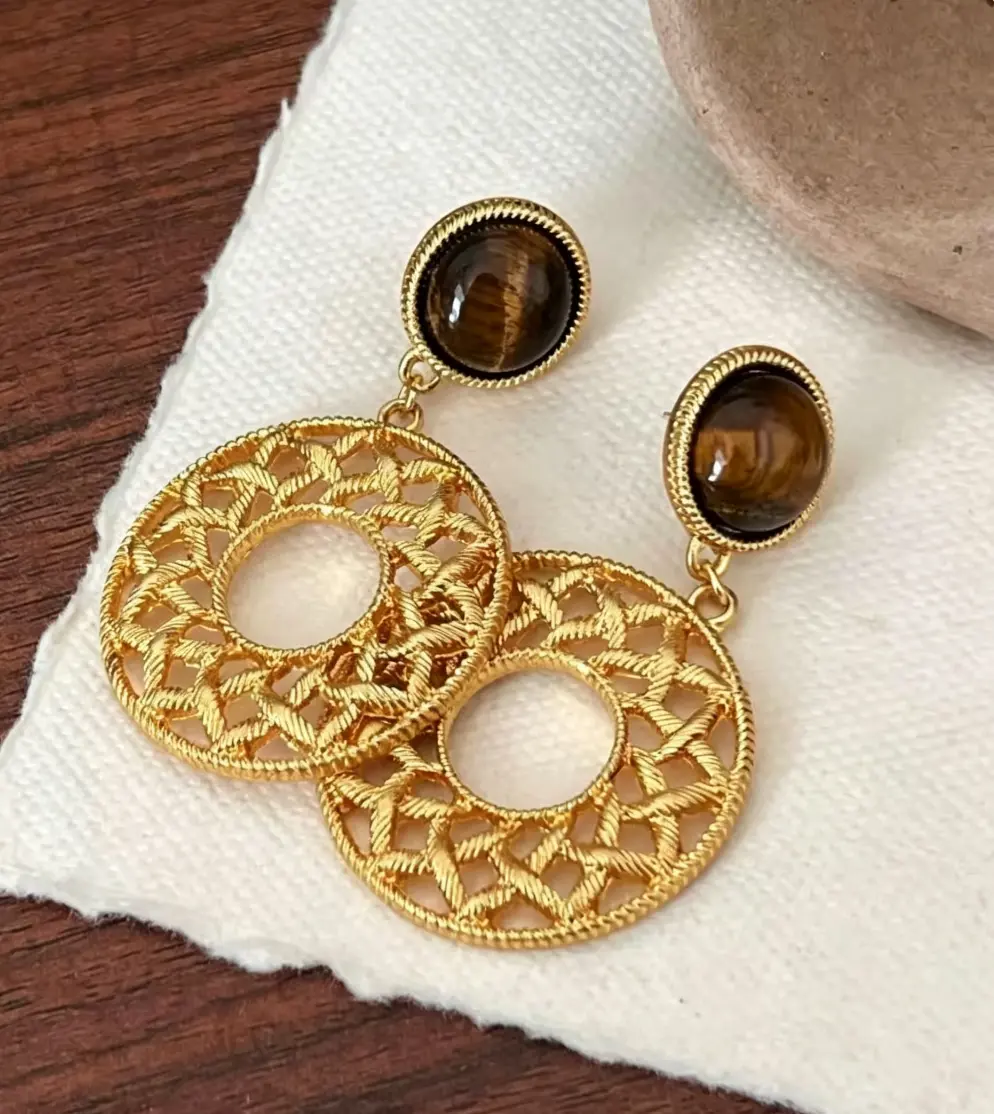 Retro-style Artistic Earrings  Tiger's Eye Stone Luxurious Earrings Large Pendant Earrings