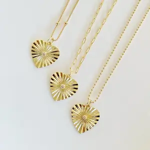 18k Gold Filled Sunburst Heart Necklace – Vintage Heart Pendant, Layered Necklace, Gift for Her