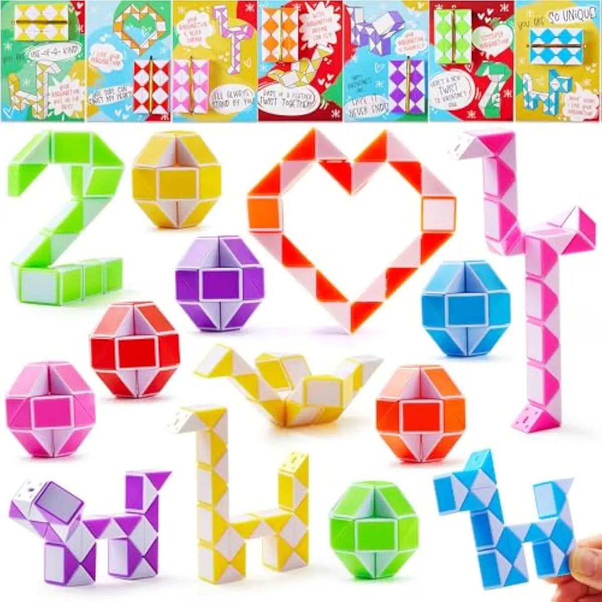 28 Packs Valentine's Day Cards with Snake Twist Toys for Kids, Snake Twist Puzzle Magic Stress Relief Fidget Toys with Cards for Valentine Classroom Exchange Prizes Party Favor