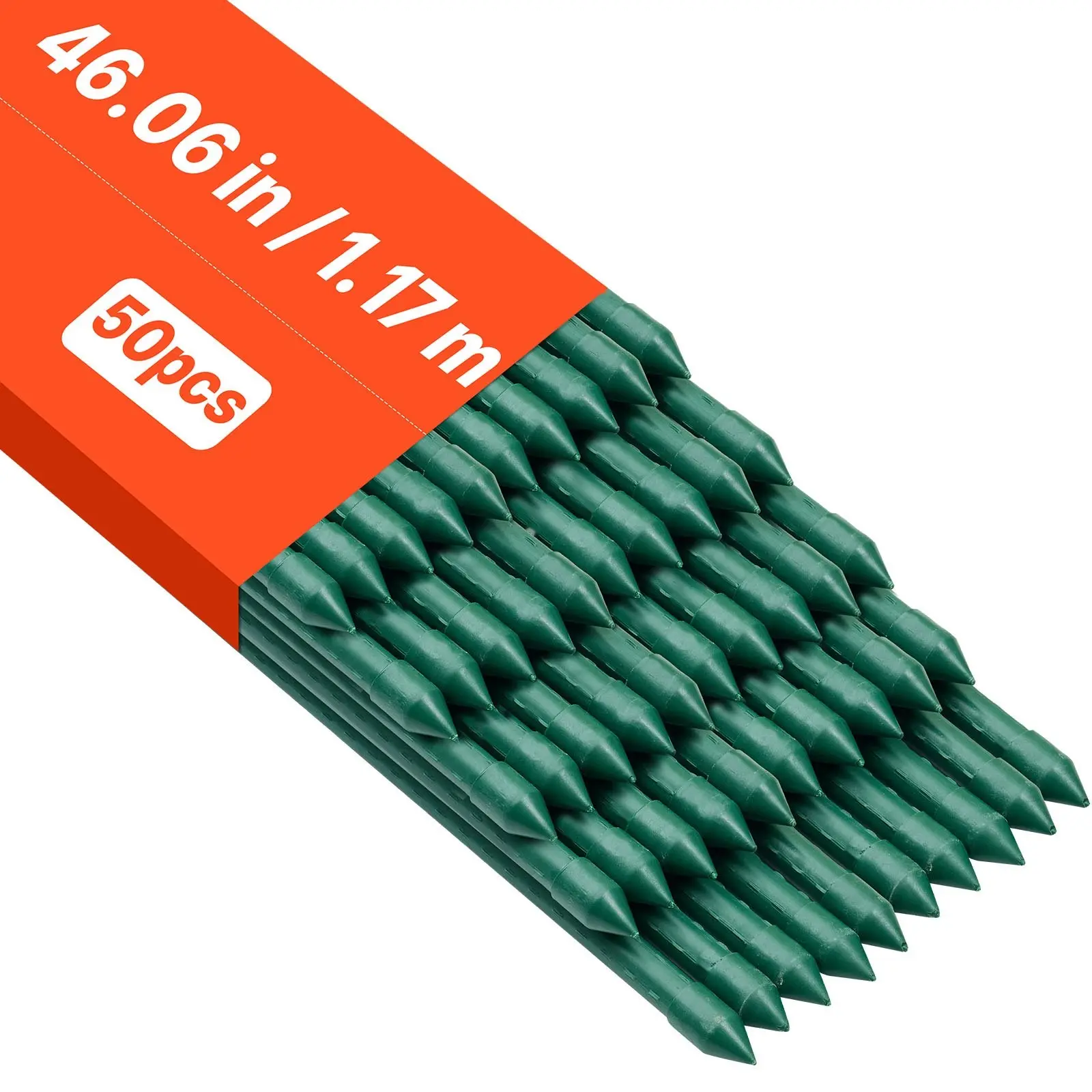 Garden Stakes 50 Pack, 46.06-Inch Plastic Coated Metal Tomato Stakes, Durable Garden Supports for Plants, Sturdy Sticks with Pointed Ends and Non-Slip Bumps for Climbing Vines, Tomatoes, and Outdoor Vegetables