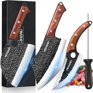 4 Piece Serbian Chef Knife Set with Gift Box, Butcher Knife Set, Hand Forged Kitchen Knife Set Meat Cleaver Boning Knife Viking Knife with Sheaths for Home Cooking Camping Outdoor BBQ