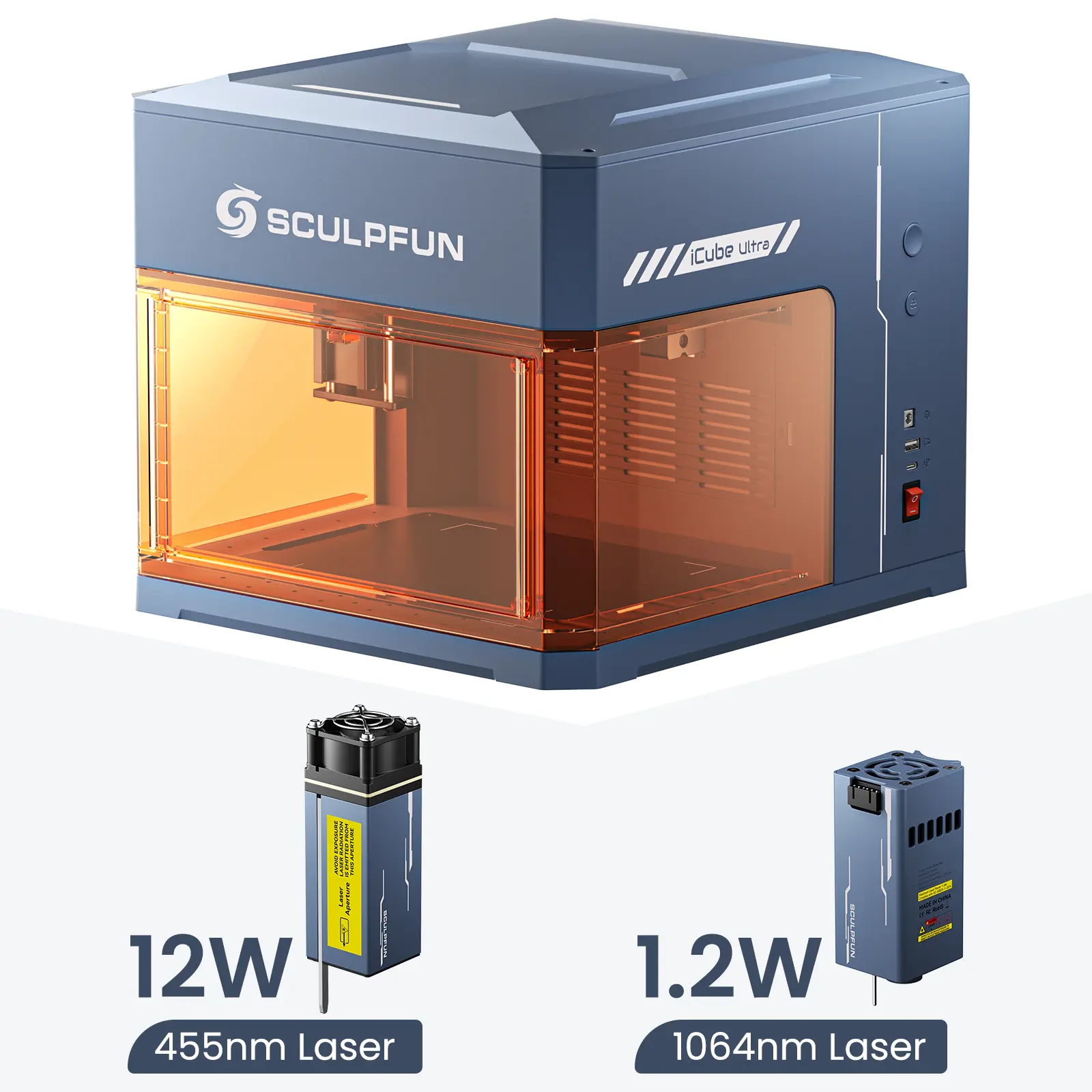 iCube Ultra Dual Desktop Laser Engraver Features a 12W laser diode and 1.2W IR laser Built-in smoke filtration 150x135mm engraving area 32-bit high-speed engraving motherboard Suitable for wood, leather, silicone paper, glass, and acrylic