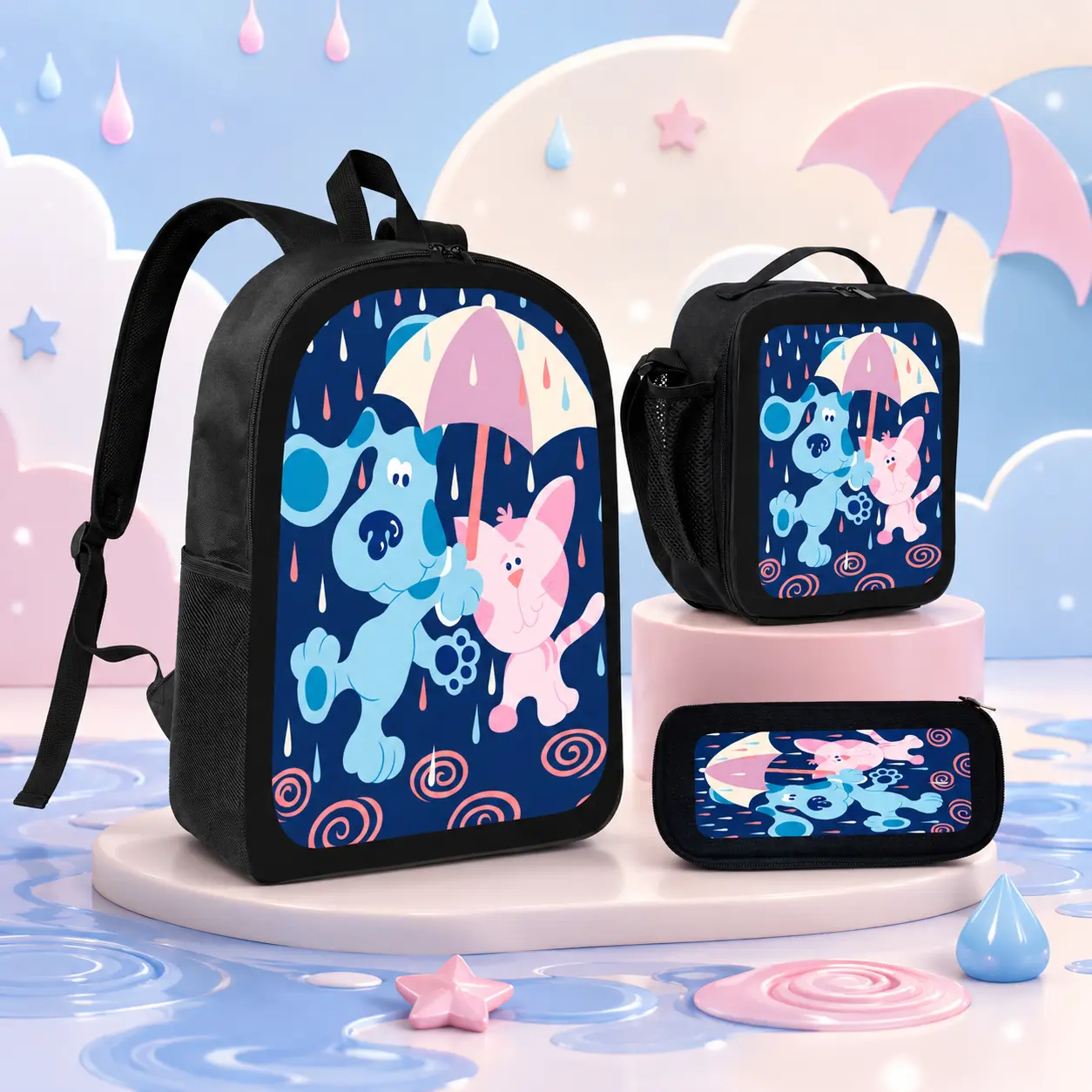 Blue's Clues 3PCS Backpack Set with Lunch Bag & Pencil Case, Small Fresh Cute Cartoon Style Travel Daypack, Fashionable Versatile TikTok Trendy Bag