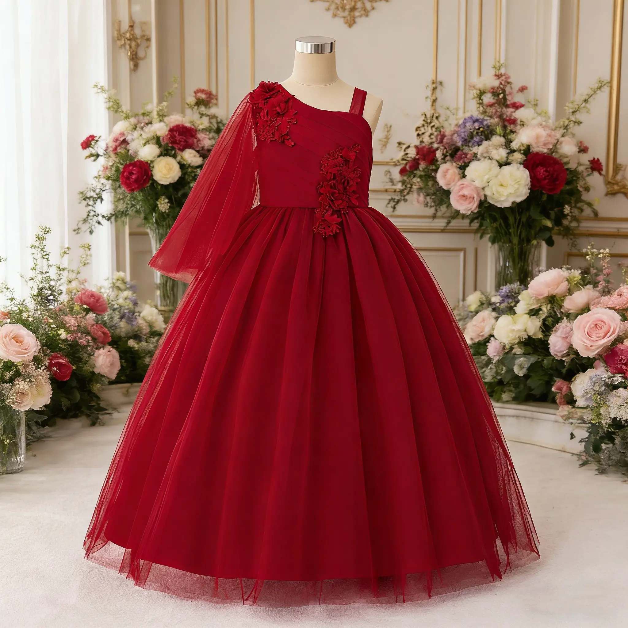 0053 Teen Girls' Luxury Mesh Contrast A-Line Scoop Neck Formal Gown, 12-13 Years (12y,130/8y,140/9y) for Party, Performance, Valentine's Day