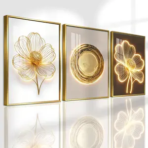 3 Counts Aluminum Alloy Framed Painting, Golden Wire Flower And Sun Abstract Art Pictures, Home Decoration For Living Room, Bedroom, Office, Restaurant, Hallway Wall Decor, Odorless Print Artwork, Luxury Perfect Gift For Friends And Family